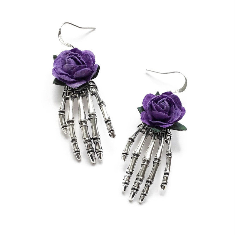 Wholesale Gothic Earrings, Skeleton Hand, Red Rose, Antique silver Handmade Earrings